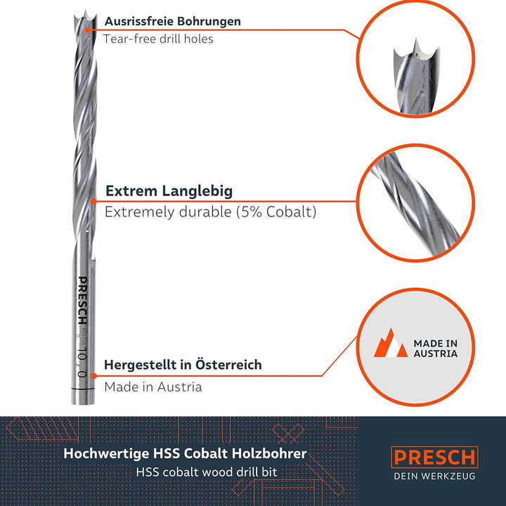 Presch Holzbohrer Set HSS Cobalt 8-tlg - Hochwertige 5% cobaltlegierte HSS Bohrer für Holz zum Bohre