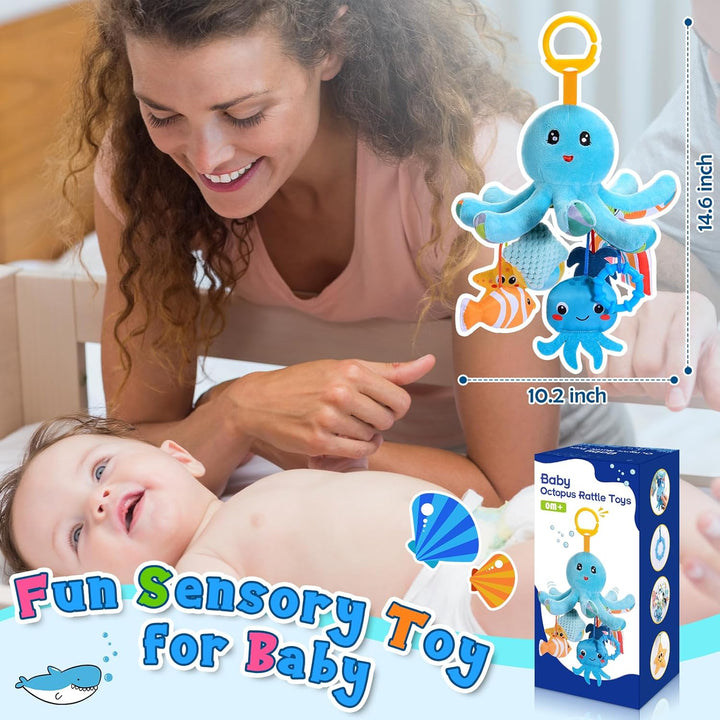 Plüsch Oktopus Baby Spielzeug 0-18 Monate – mit 8 hängenden Sensory-Spielzeugen & Spiegel– Baby Mont