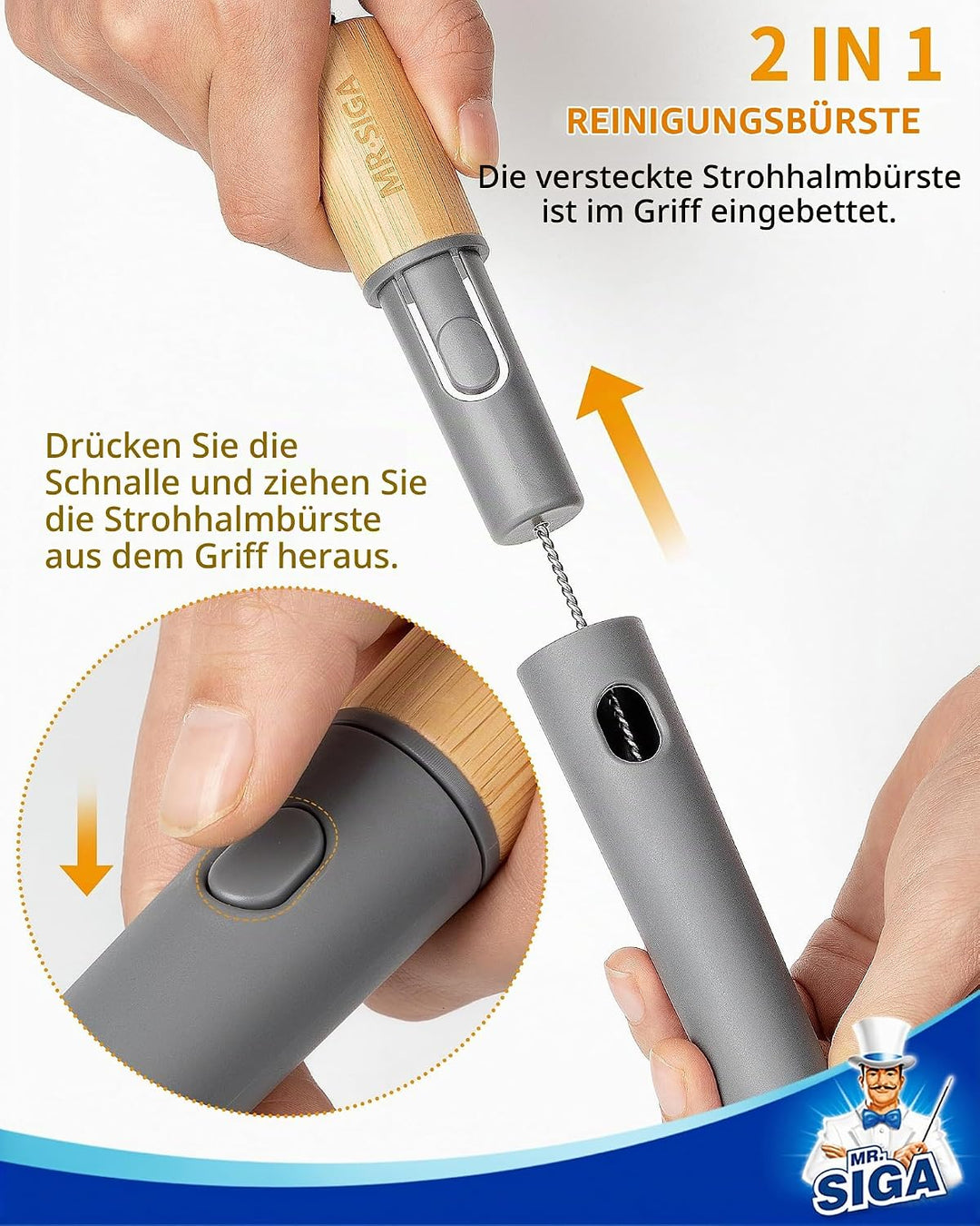 MR.SIGA Wasserflaschenbürste und Strohhalmreinigungsbürste, Flaschenreinigungsbürste mit langem Stie