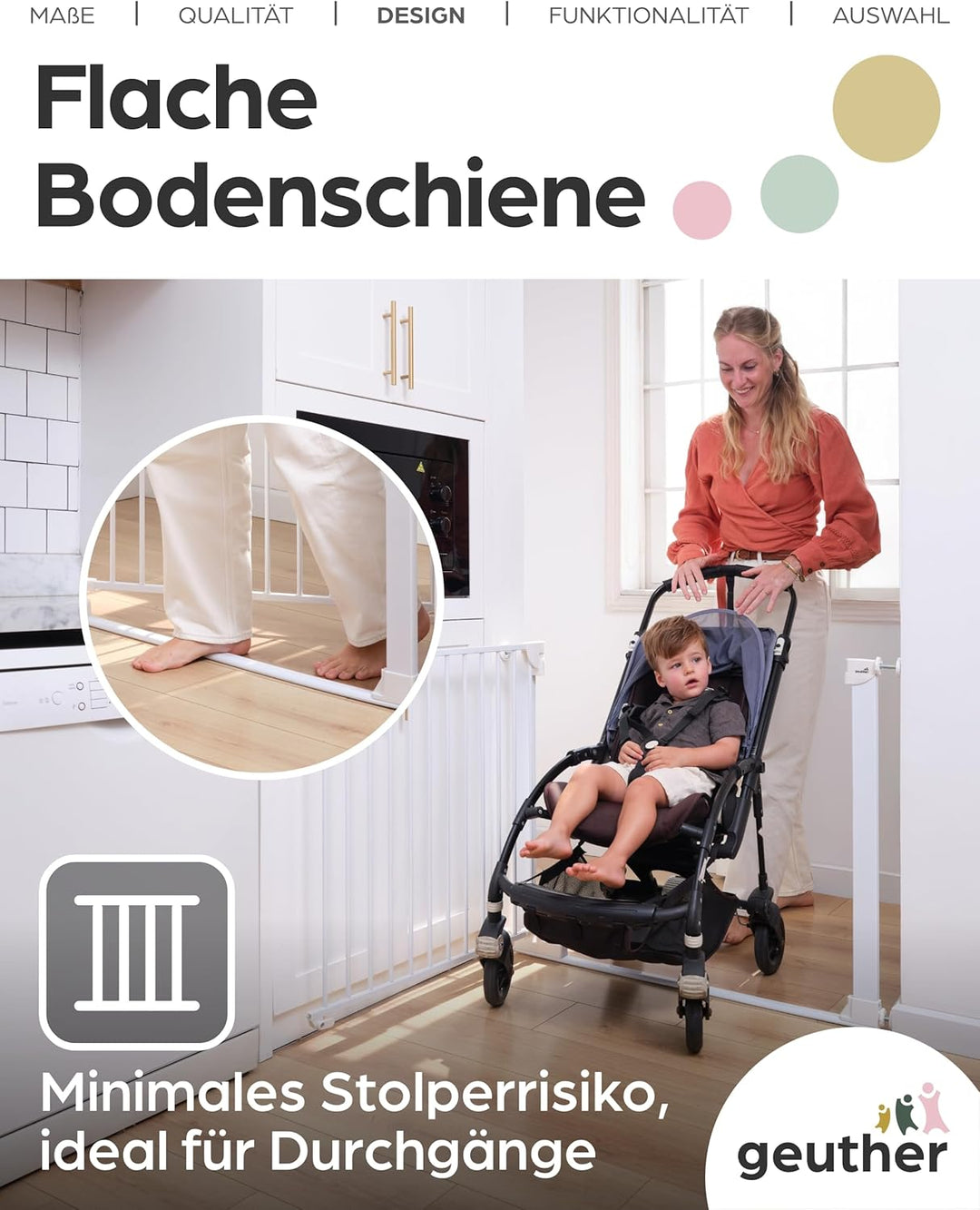 Geuther Türschutzgitter Easylock Flatstep Weiss I Treppenschutzgitter zum Klemmen oder Bohren I Brei