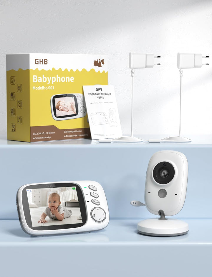 GHB Babyphone mit Kamera Baby Monitor 3.2" LCD Nachtsicht VOX Modus Gegensprechfunktion und Schlafli