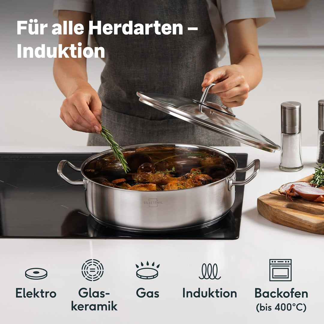 SILBERTHAL Schmorpfanne Unbeschichtet 28 cm hoher Rand - Servierpfanne mit Deckel - Backofengeeignet