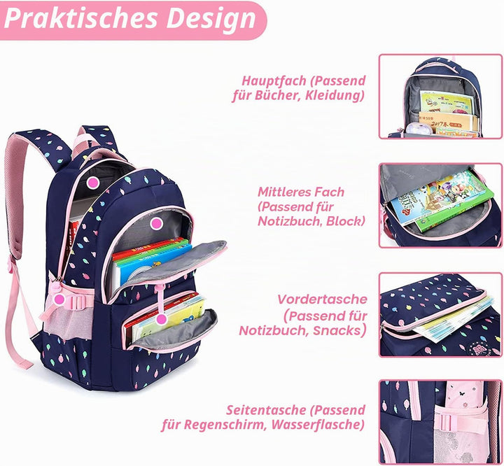 Schulrucksack Rucksack Mädchen, Schultaschen 3 Teile Set Schulranzen mit Lunch-Taschen Federmäppchen