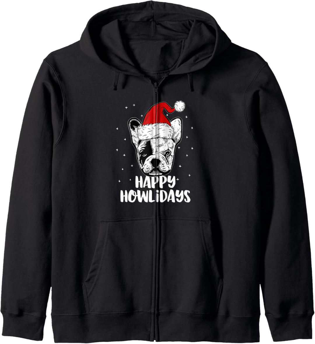 Frenchie mit Weihnachtsmannmütze, Happy Howlidays Kapuzenjacke