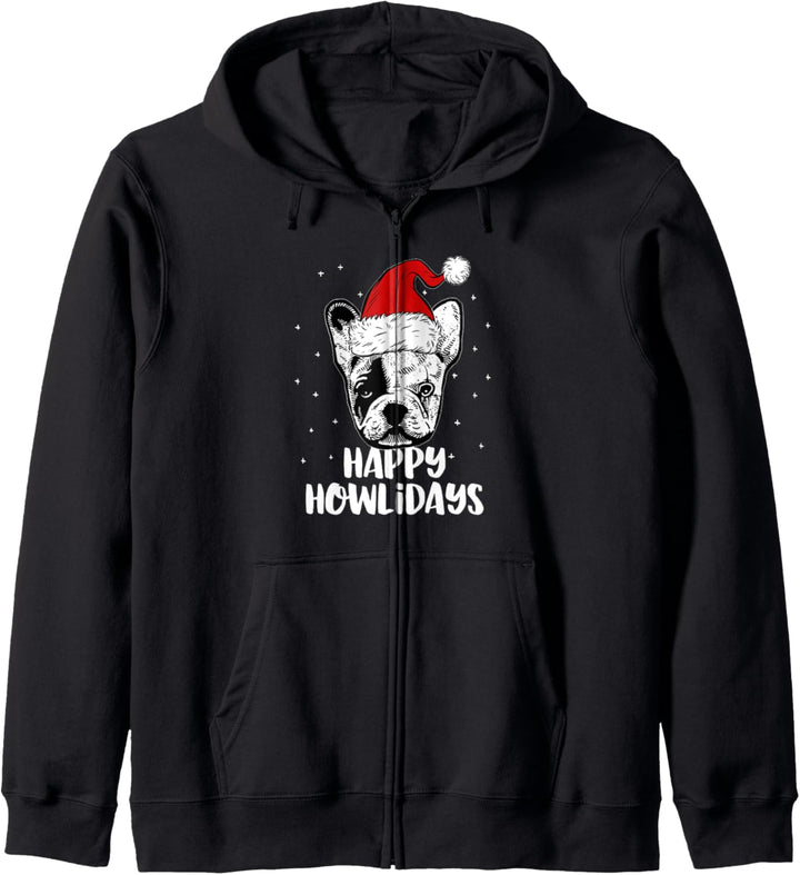 Frenchie mit Weihnachtsmannmütze, Happy Howlidays Kapuzenjacke