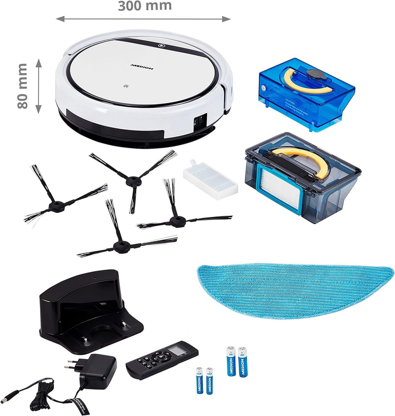 MEDION Saugroboter mit Wischfunktion E32 SW (Modell 2021, 2in1 Roboterstaubsauger für Böden Fliesen,