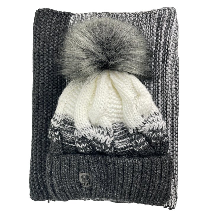 Mütze & Schal Set achti I 2 teilig I Damen Kombi - Beanie mit grossem Bommel und Loop I kuschelig ge