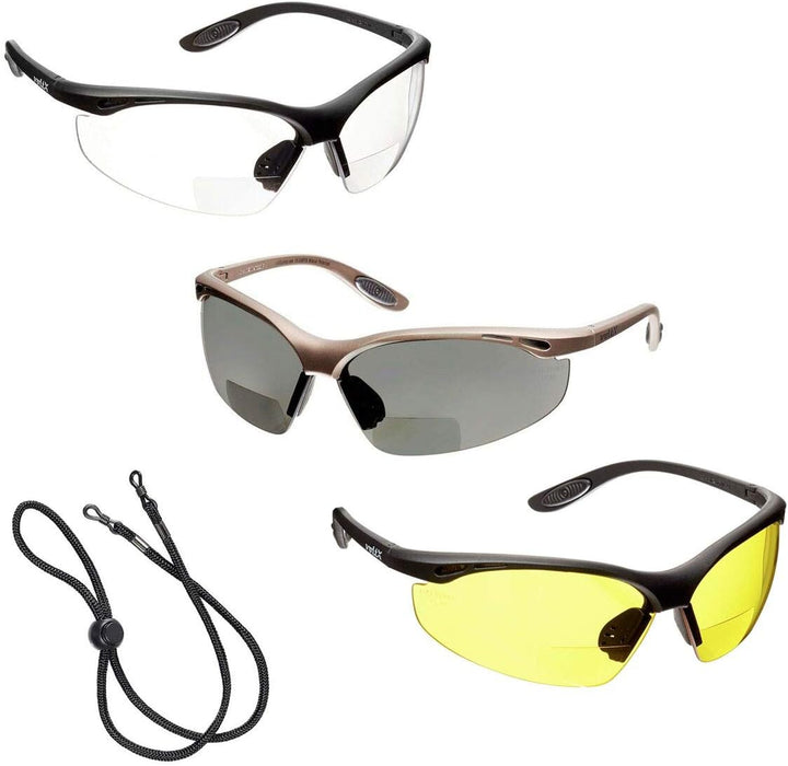 3 x voltX 'Constructor' BIFOKALE Schutzbrille mit Lesehilfe (+1.5 Dioptrie klare, gelbe & polarisier