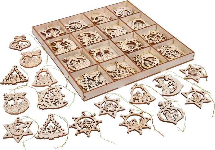BRUBAKER 48-TLG. Weihnachtsanhänger Set - Baumschmuck aus Holz 3-4 cm - Sterne Tannenbaum Weihnachts
