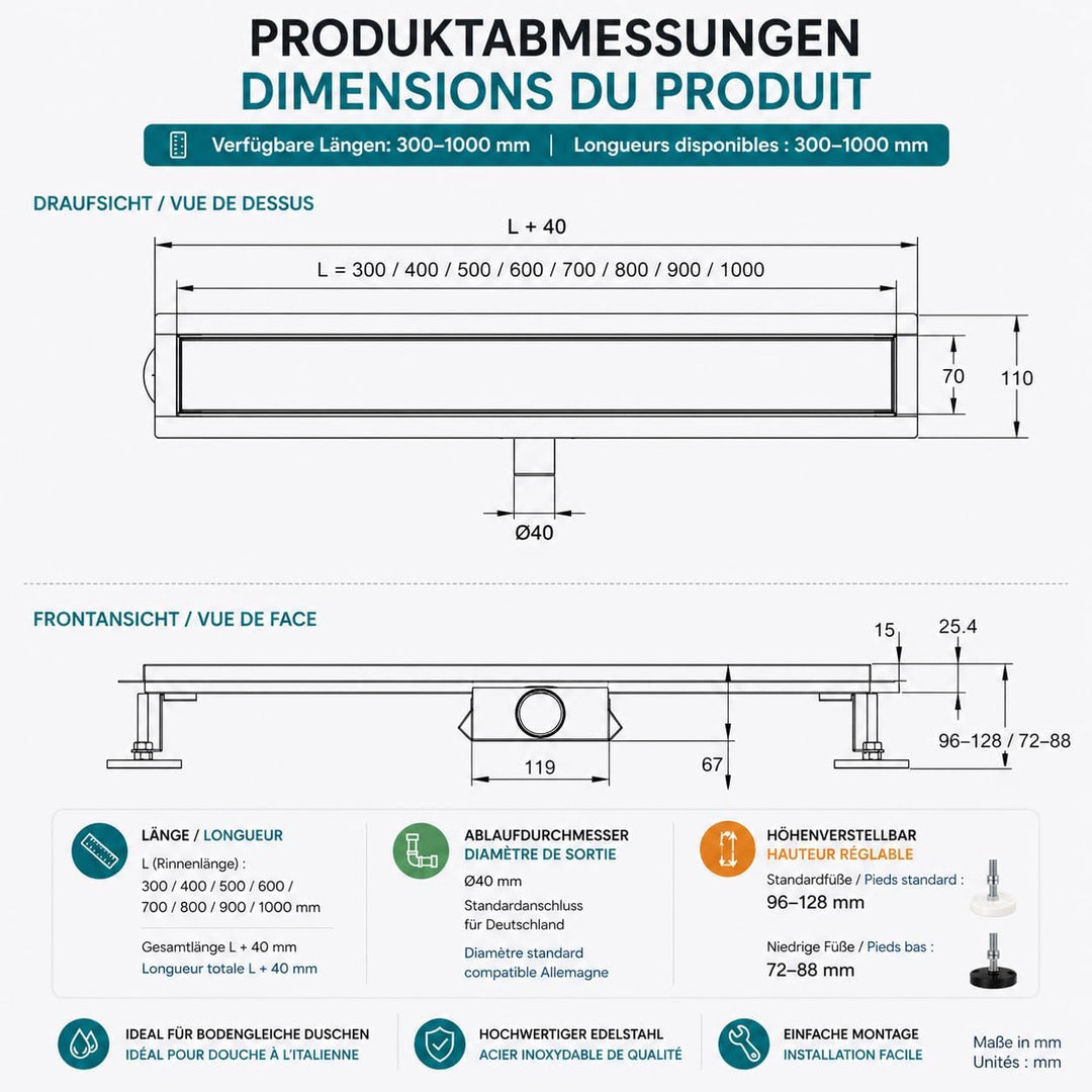 Duschrinne 40 cm Komplettset, Edelstahl 304 Ablaufrinne, Extra Flache befliesbare Duschrinne mit Haa