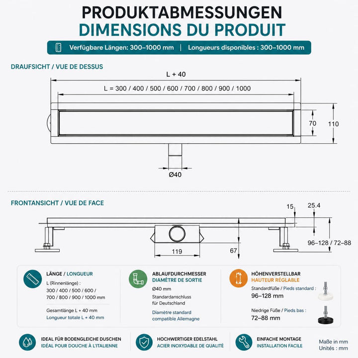 Duschrinne 40 cm Komplettset, Edelstahl 304 Ablaufrinne, Extra Flache befliesbare Duschrinne mit Haa