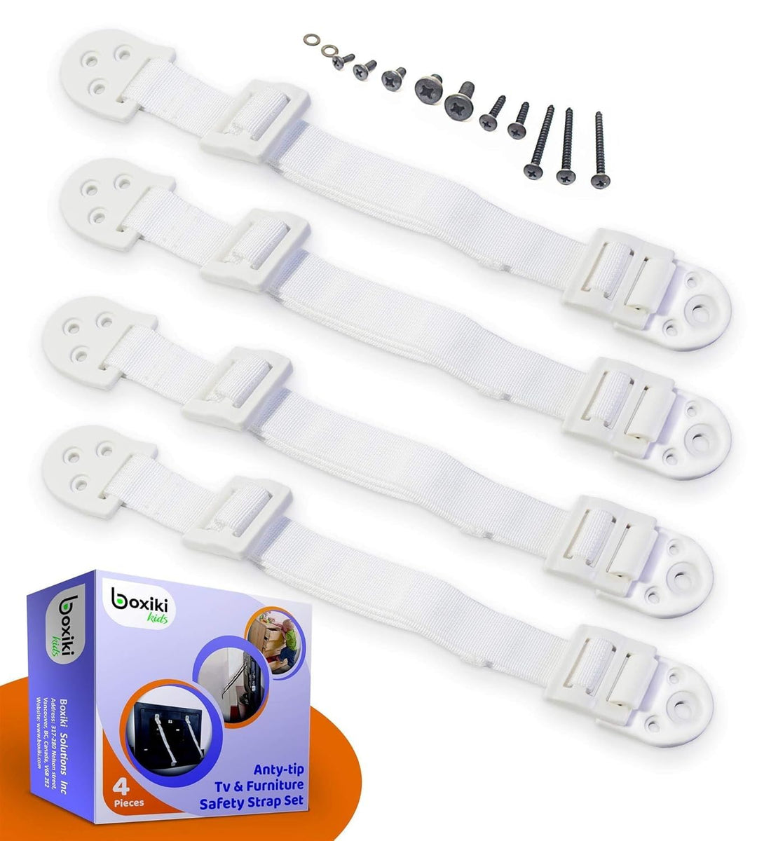 Verstellbare Anti-Kipp Möbelhaken Set. 8 Stk. Baby sicherheits-Wandgurte, von Boxiki Kids. Erdbeben