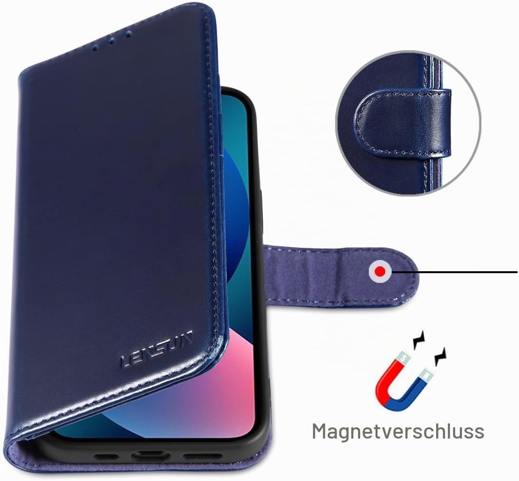 LENSUN Lederhülle für iPhone 13, Schutzhülle Echtleder Handyhülle [Wallet Fach][RFID Schutz][Echtes