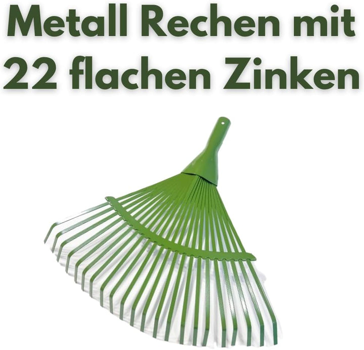 2X Metall Laubbesen mit 22 flachen Zinken, Gartenrechen Laubrechen, Breite: 42cm, grüner Rechen Fäch