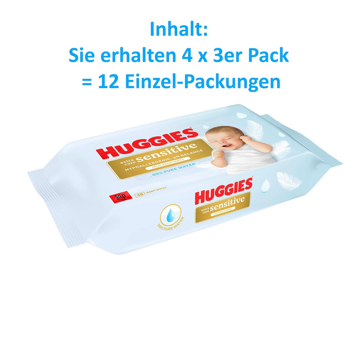 Huggies Pure Extra Care Sensitive Baby-Feuchttücher, 99 Prozent Wasser, ohne Plastik, 12er Pack (4 x