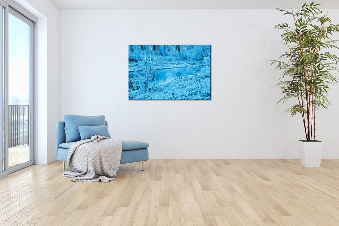 deyoli zugefrorener glänzender Fluss im Winter Format 80x60 Effekt: Monocrome Blau als Leinwandbild,