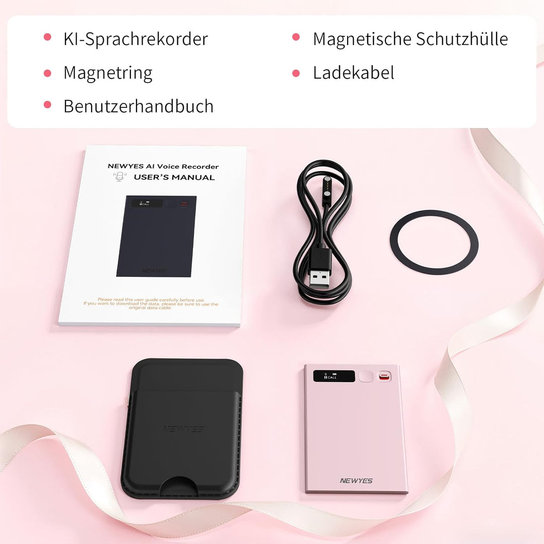 NEWYES Roségold Ailog KI Digitales Diktiergerät mit dedizierter App,Transkribieren und Zusammenfasse
