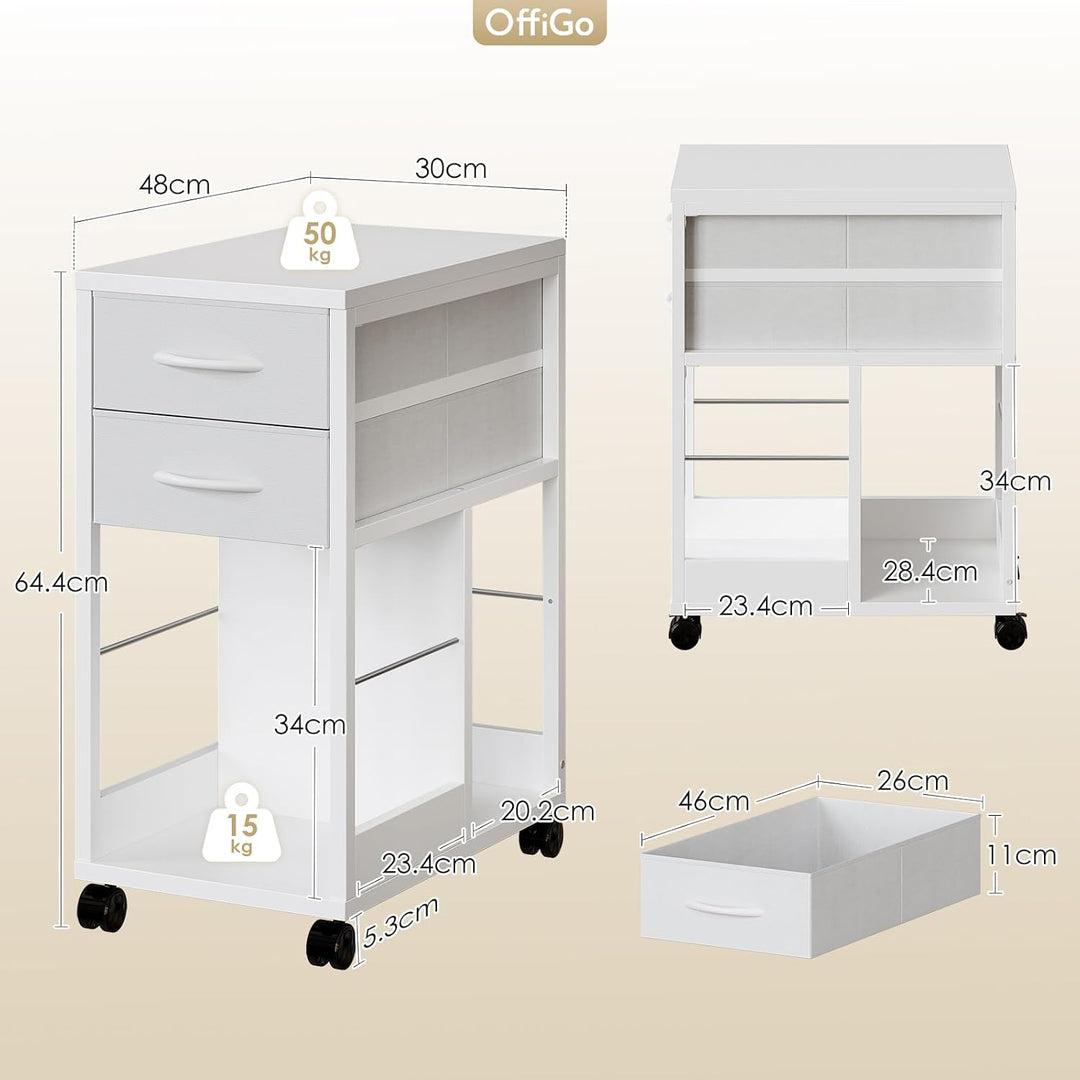 OffiGo Rollcontainer Schreibtisch mit Rollen und 2 Schubladen，Weiss | Rollcontainer mit Wechselbarem