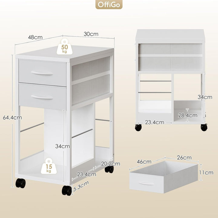 OffiGo Rollcontainer Schreibtisch mit Rollen und 2 Schubladen，Weiss | Rollcontainer mit Wechselbarem