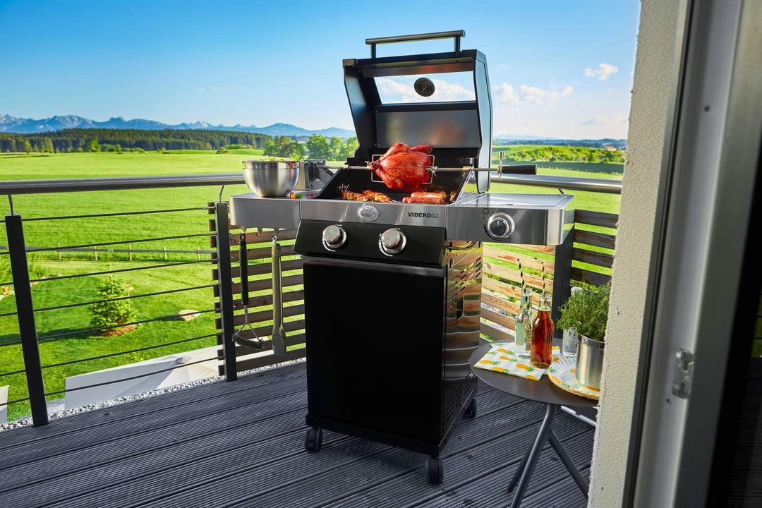 RÖSLE Premium-Drehspiess, Traglast 10 kg & Abdeckhaube BBQ-Station VIDERO G3/G3-S, Hochwertige Schüt