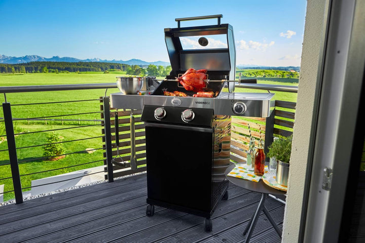 RÖSLE Premium-Drehspiess, Traglast 10 kg & Abdeckhaube BBQ-Station VIDERO G3/G3-S, Hochwertige Schüt