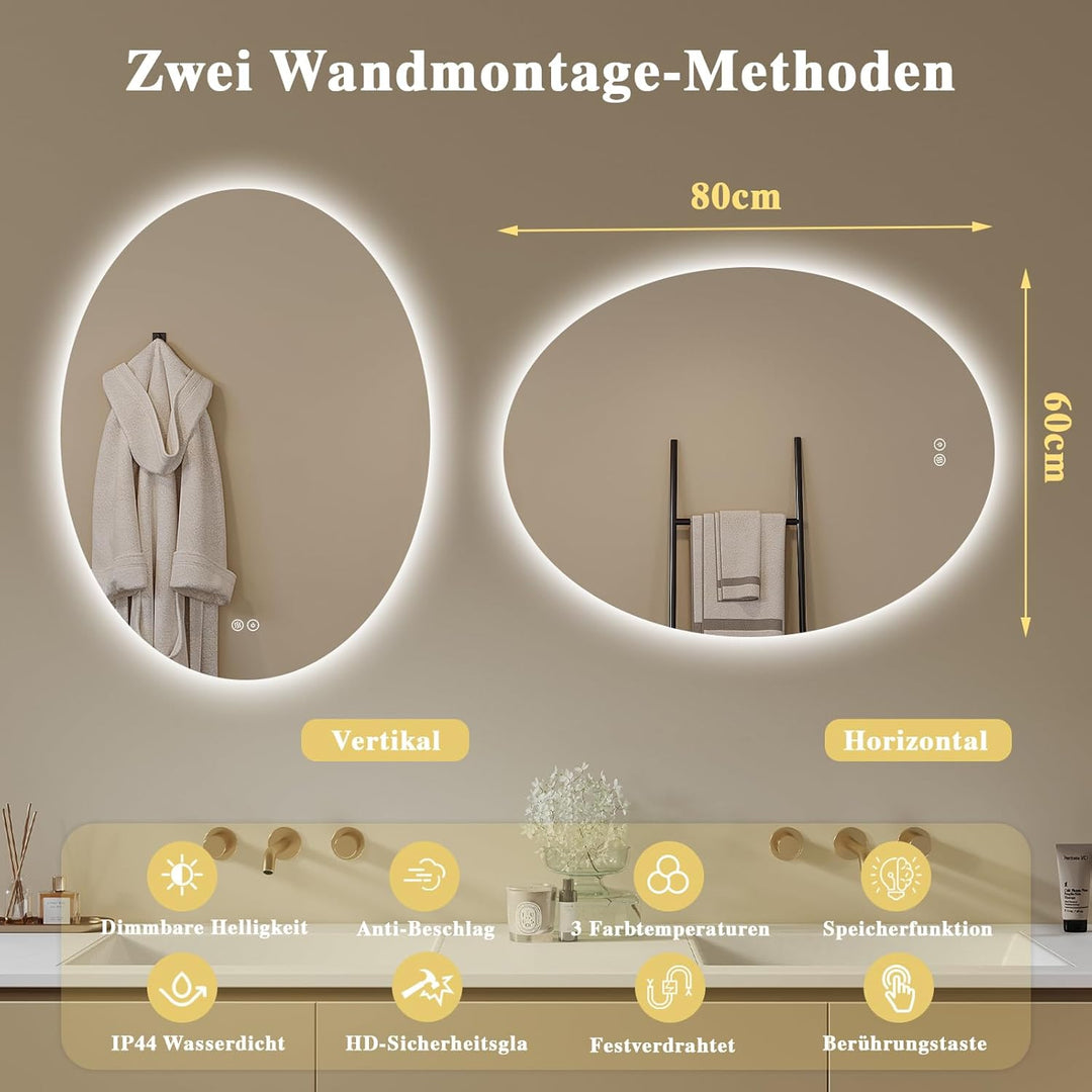 Badspiegel-mit-Beleuchtung- LED Badezimmerspiegel Badezimmer Spiegel mit Beleuchtung, Touch-Schalter