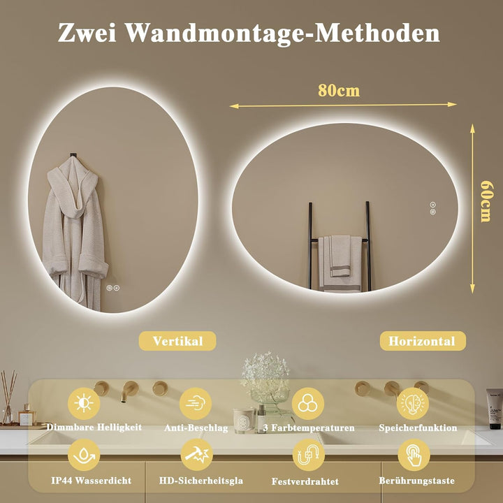 Badspiegel-mit-Beleuchtung- LED Badezimmerspiegel Badezimmer Spiegel mit Beleuchtung, Touch-Schalter