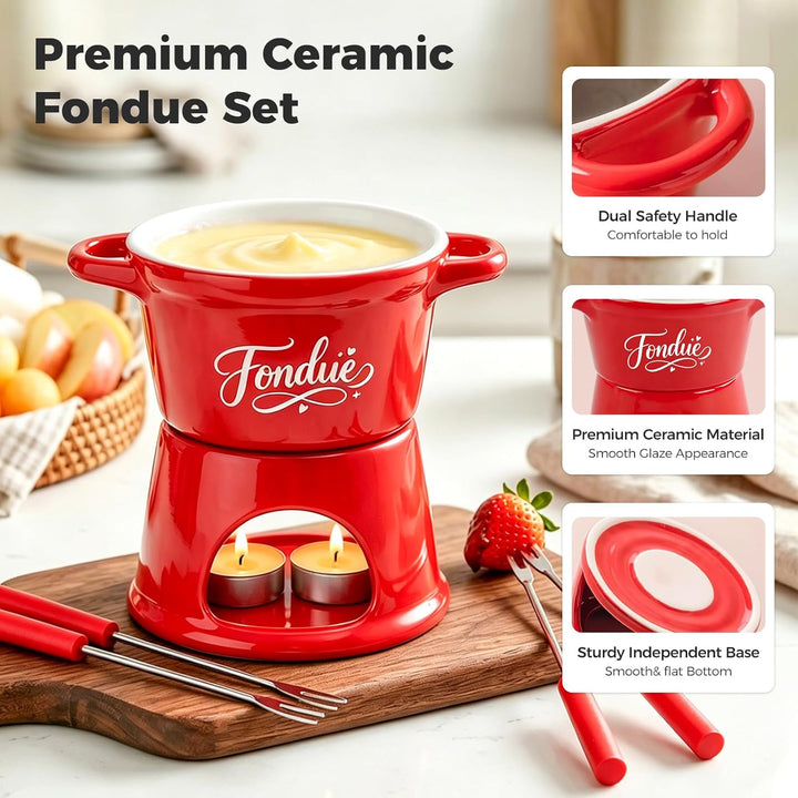 Yoassi Keramik Käsefondue Set, Mini Schokoladenfondue Tasse, Käsebecher mit 4 Gabeln, zum Schmelzen