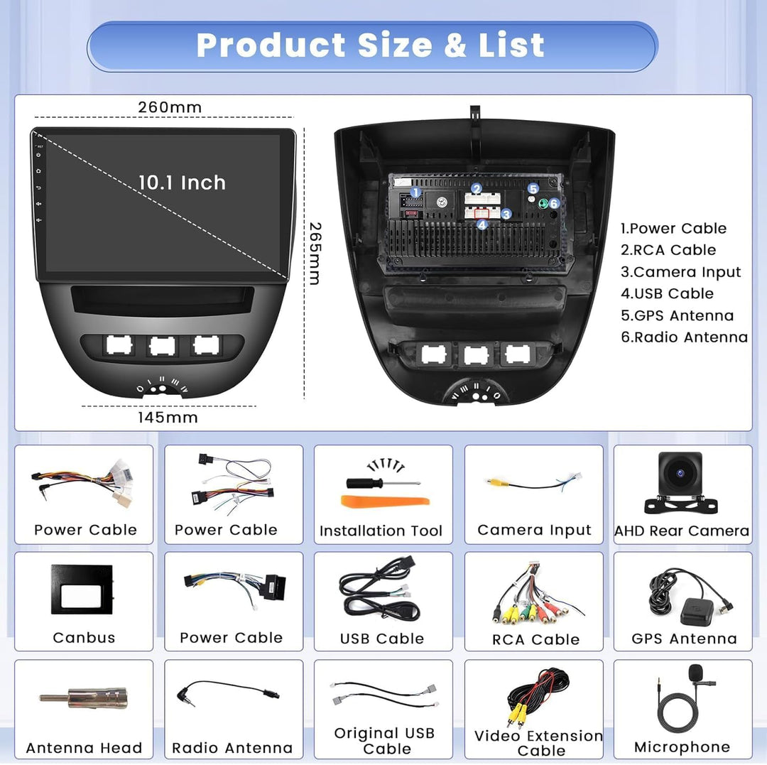 Hikity 8 Core 4GB+64GB Android 15 Autoradio für 2005-2014 Toyota Aygo Peugeot 107 Citroen C1 Radio W