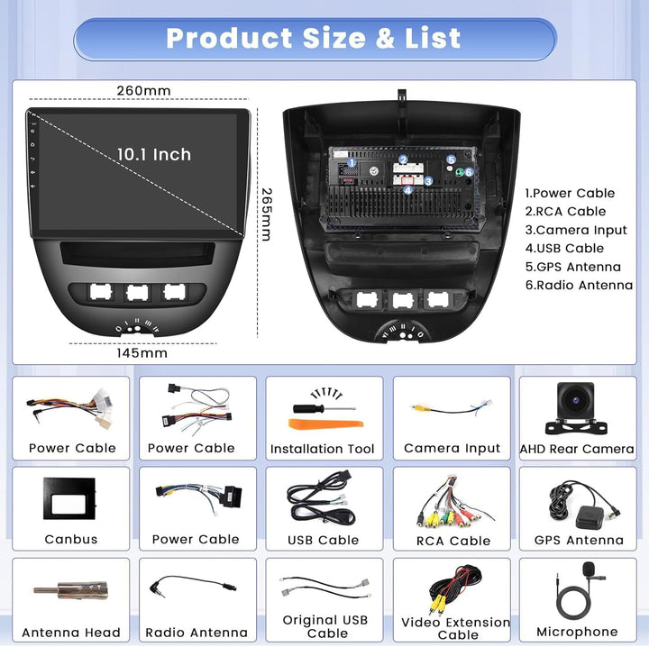 Hikity 8 Core 4GB+64GB Android 15 Autoradio für 2005-2014 Toyota Aygo Peugeot 107 Citroen C1 Radio W