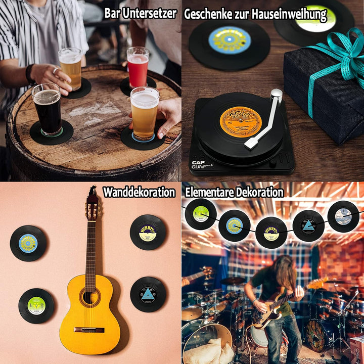 6er-Set Schallplatten Untersetzer Set mit Halter, Rund Vinyl Untersetzer rutschfeste Getränke Unters