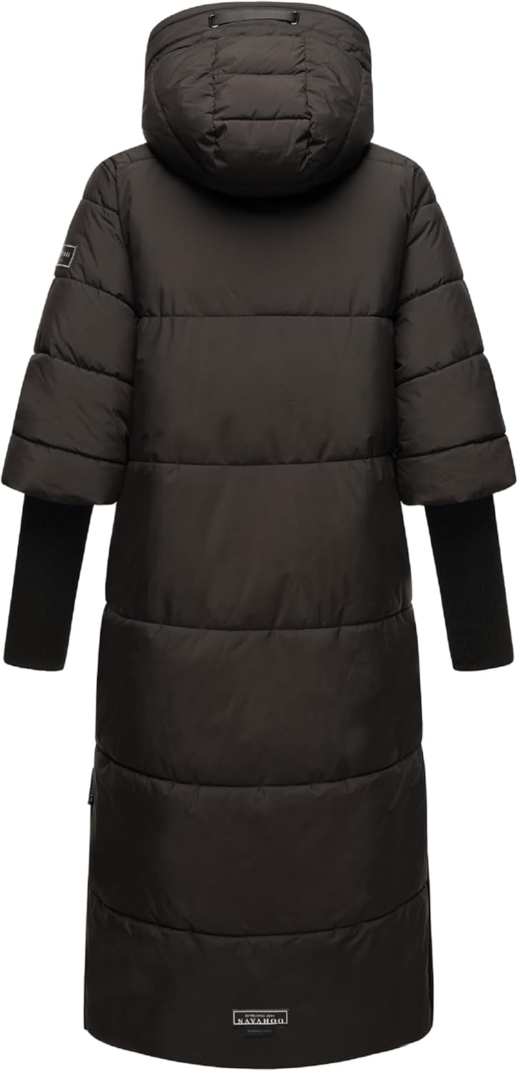 Navahoo Damen Wintermantel warmer Steppmantel lang mit Kapuze und Rippstrickärmeln Ciao Miau XIV XS-