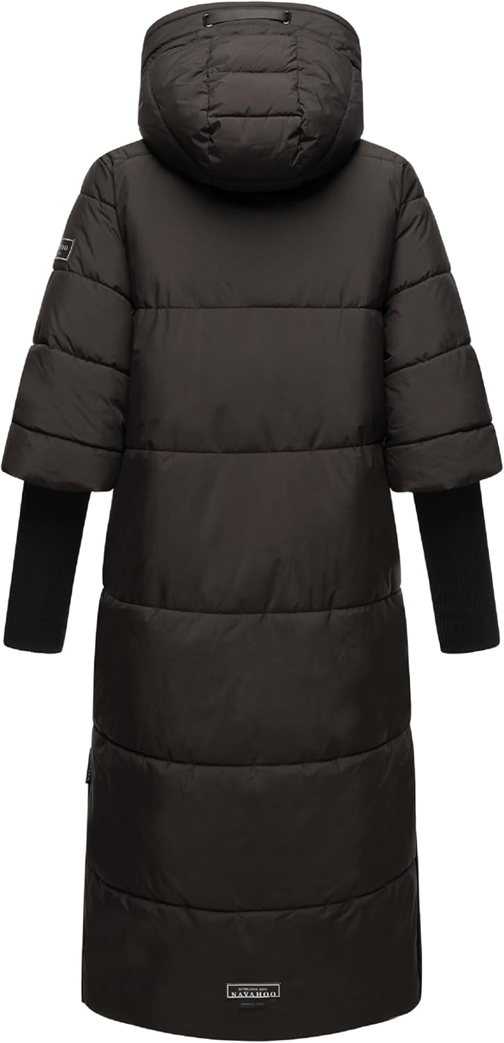 Navahoo Damen Wintermantel Warmer Steppmantel lang mit Kapuze und Rippstrickärmeln Ciao MIAU XIV XS-