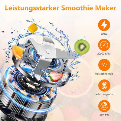 Mixer, Smoothie Maker, Standmixer, 500W Smoothie Mixer mit 2x570ml Smoothie Flaschen BPA frei Tritan