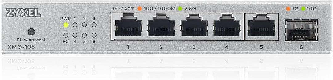 Zyxel 5-Port 2.5G Multi-Gig Unmanaged Switch | 1 x 10G SFP+ | Desktop/Wandmontage [XMG-105] 5 Port |