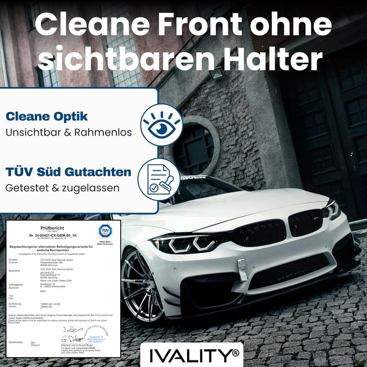 IVALITY® 100% Clean Magnetischer Kennzeichen-Halter - Rahmenloser Magnet-Halter für 1x Kennzeichen -