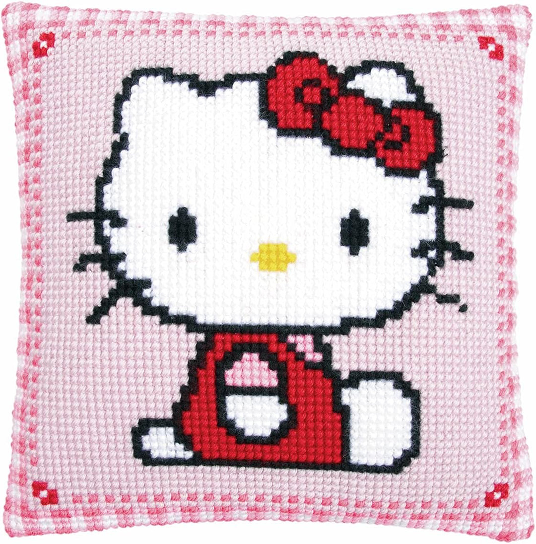 Vervaco Kreuzstichkissen Hello Kitty Kreuzstickpackung vorgedruckt, Stramin, weiss, 40 x 40 x 0,3 cm