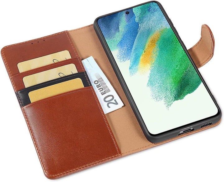 LENSUN Echtleder Hülle für Samsung Galaxy S21 FE, Handyhülle [Premium Echtes Leder] [Kartenfach] [RF
