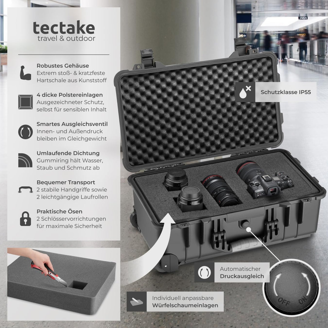 tectake® Transportkoffer leer mit Schaumstoff, Universalkoffer mit Rollen, wasserdichter Koffer, Tro