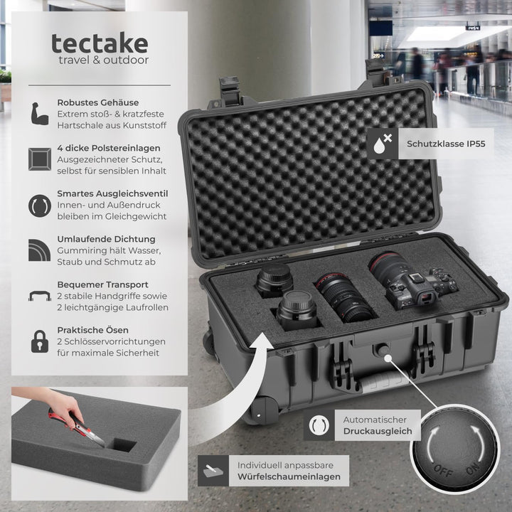 tectake® Transportkoffer leer mit Schaumstoff, Universalkoffer mit Rollen, wasserdichter Koffer, Tro
