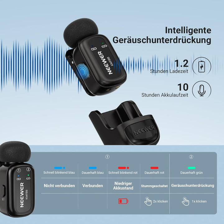 NEEWER Kabelloses Lavalier Mikrofon Sender mit App Steuerung, 10 Std. Akkulaufzeit, Rauschunterdrück