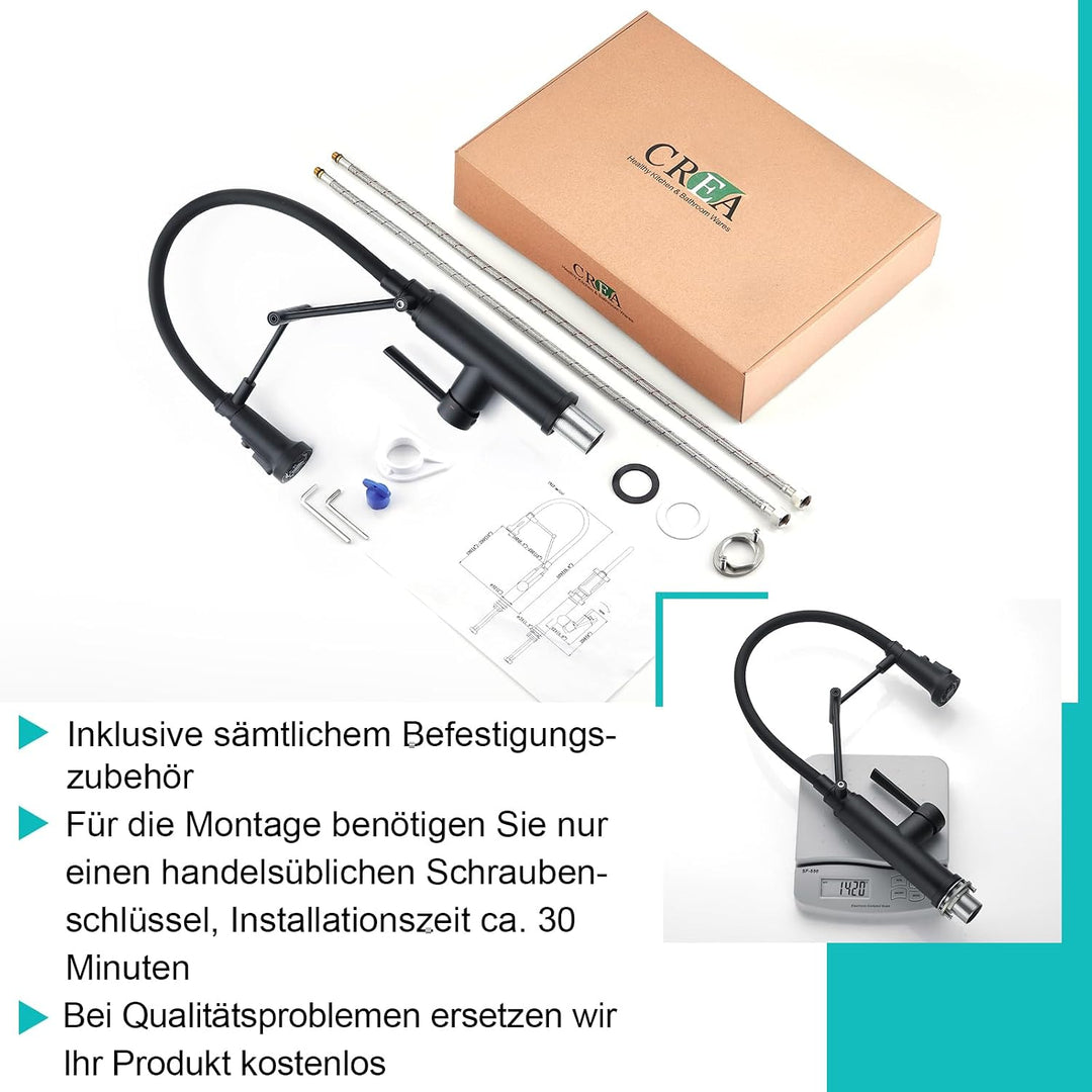 CREA Küchenarmatur mit 4 Wasserstrahlen abnehmbar, Einhebelmischer Armatur Wasserhahn für Küche Spül