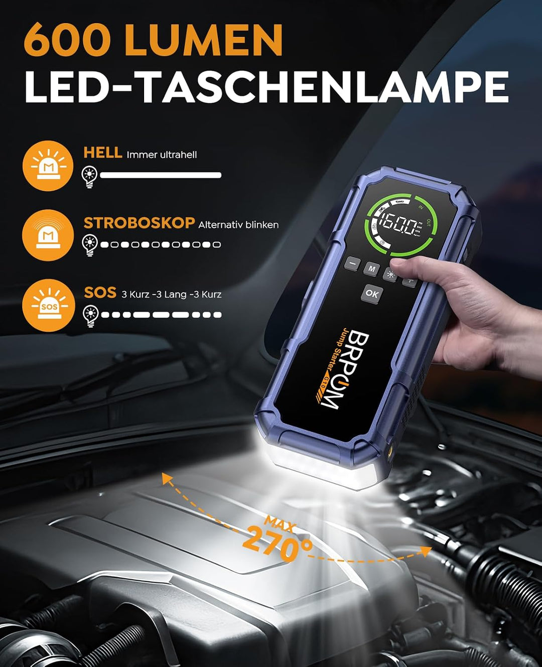 BRPOM Starthilfe Powerbank für Pkw mit Kompressor 160PSI,8000A Auto Starthilfe Powerbank für All Ben