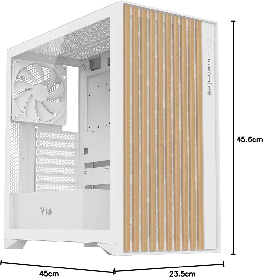 Itek Case Woody - Gaming Tower, ATX, 3x14cm White Fan, 2xUSB3, Type-C, Wood Front, Temp Glass Side P