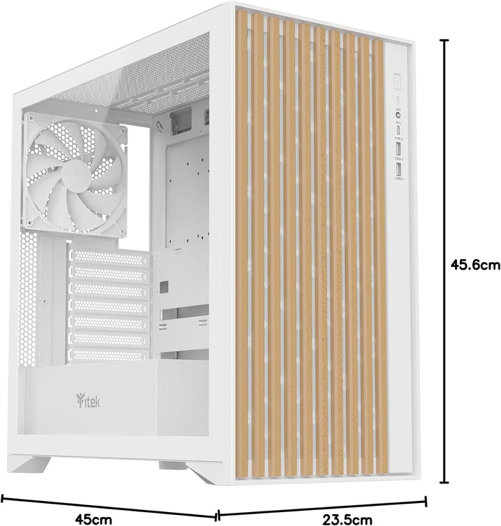 Itek Case Woody - Gaming Tower, ATX, 3x14cm White Fan, 2xUSB3, Type-C, Wood Front, Temp Glass Side P