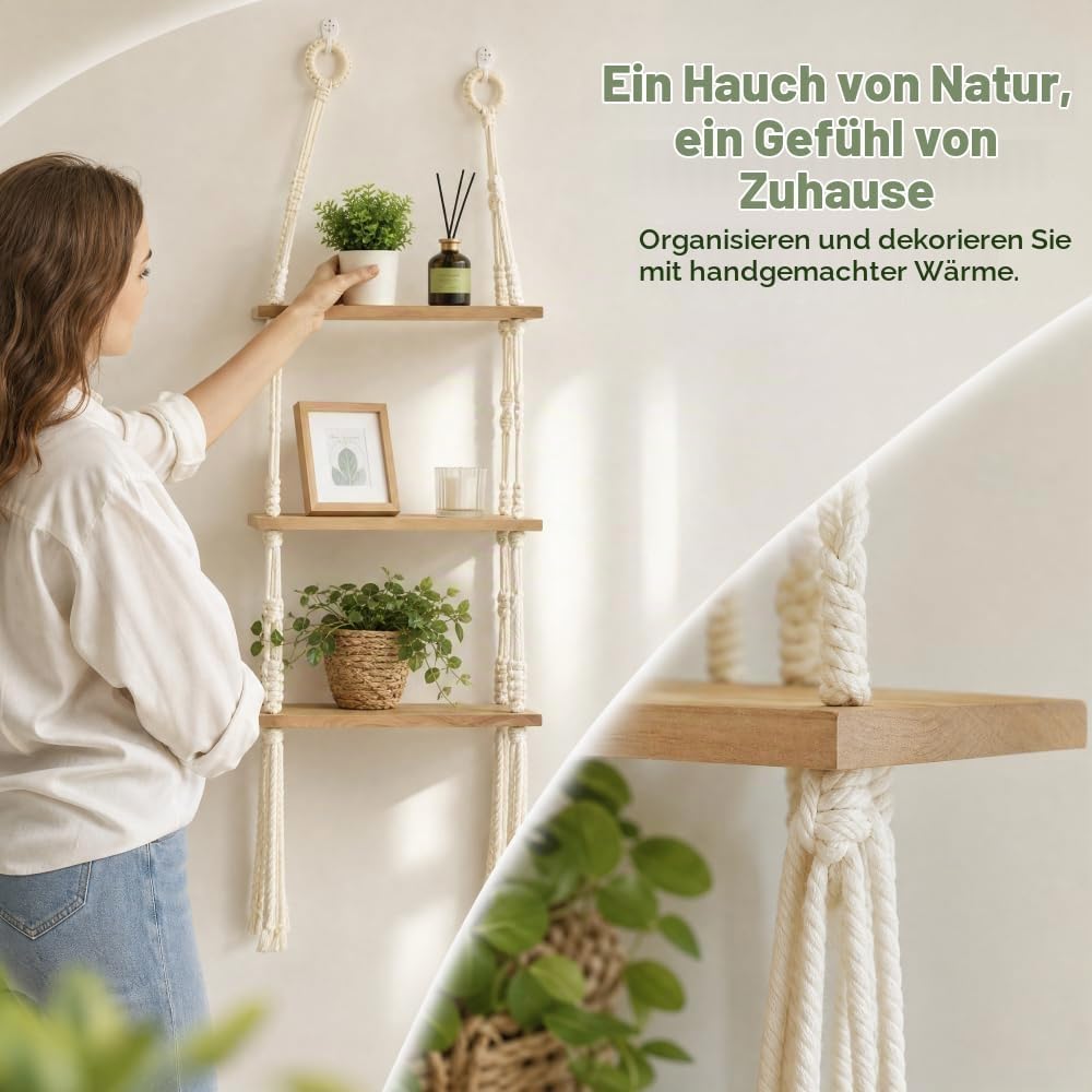 Hängeregal Holz Schweberegal Boho 3 Etagen Wandregal Makramee Regal Hängend Pflanzenregal ohne Bohre