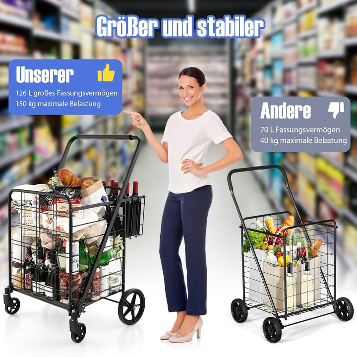 COSTWAY Einkaufstrolley Klappbar, Einkaufswagen auf Rollen mit Abnehmbarer Oxford-Tasche & 2 Körben,
