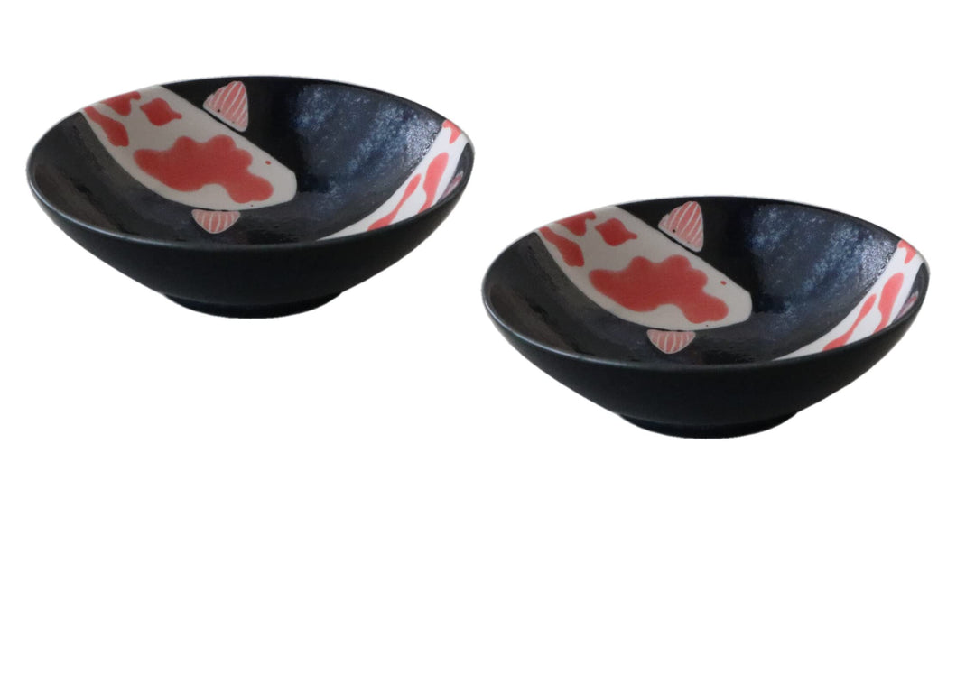 Minorutouki Japanische Mino-yaki Keramik-Reisschalen, 14,5 cm, mit rotem Karpfenmuster, Schwarz, her