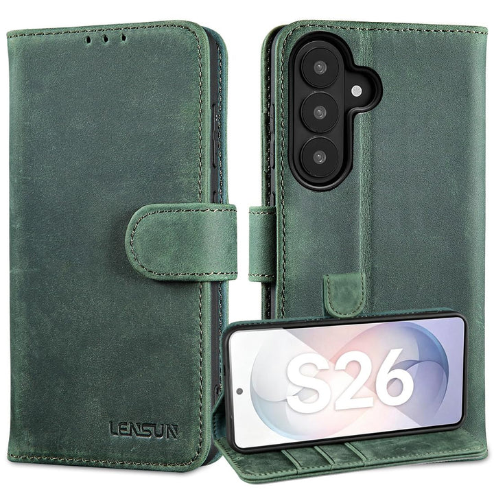 LENSUN Echtleder Hülle für Samsung Galaxy S26, Handyhülle Echtes Leder [RFID Blocker][Magnetverschlu