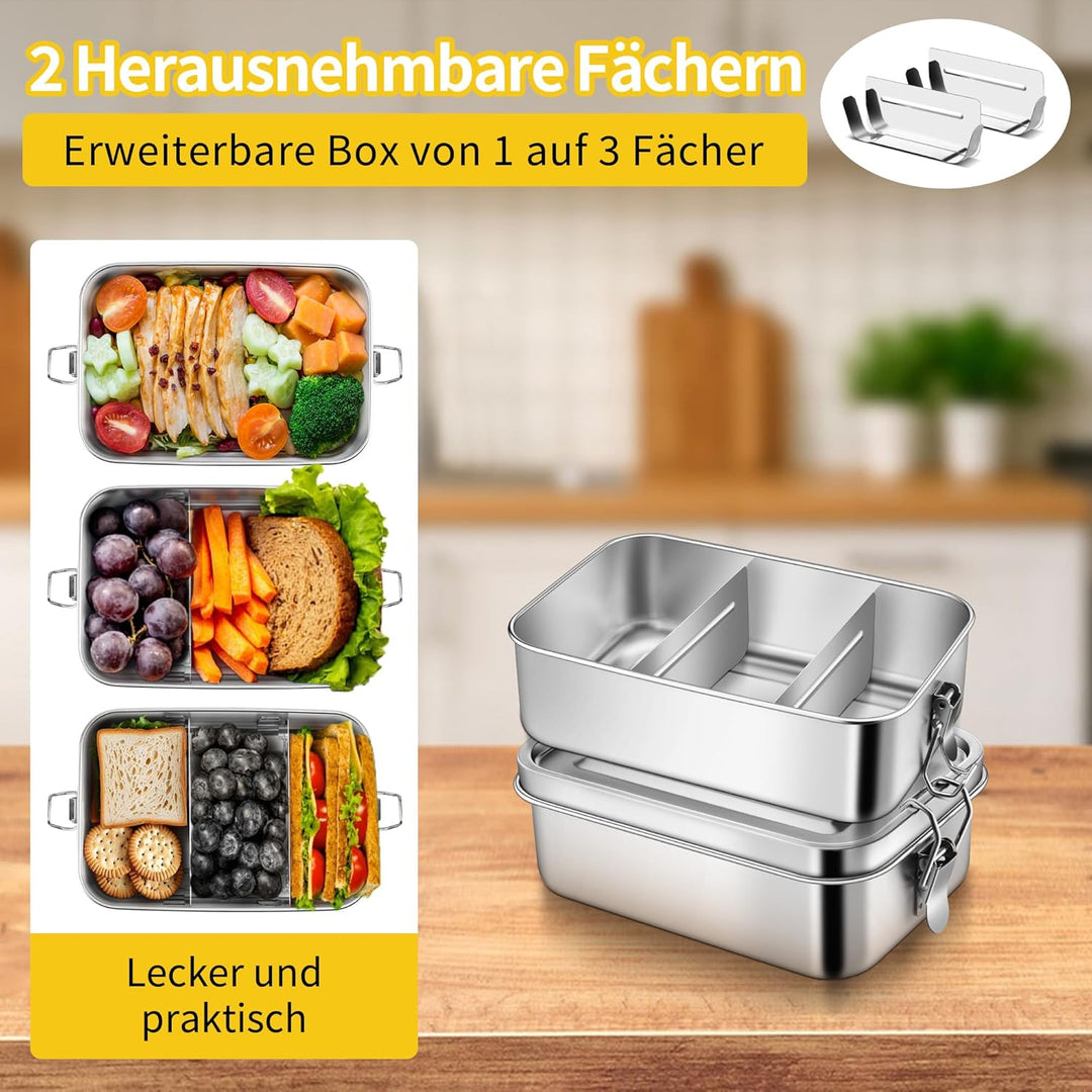 Joyfair Brotdose mit Fächern, 2 Stück Edelstahl Bento Box mit Abnehmbar Fächern für Erwachsene & Kin